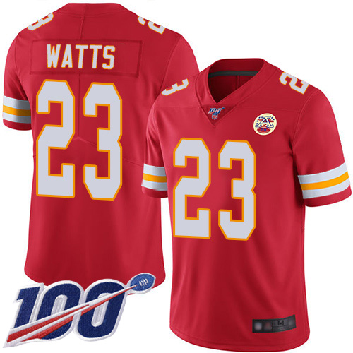 Men Kansas City Chiefs #23 Watts Armani Red Team Color Vapor Untouchable Limited Player 100th Season Football Nike NFL Jersey